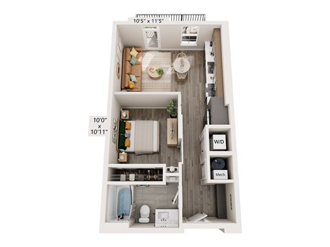 A floor plan of a small apartment with a kitchen, living room, and bathroom.